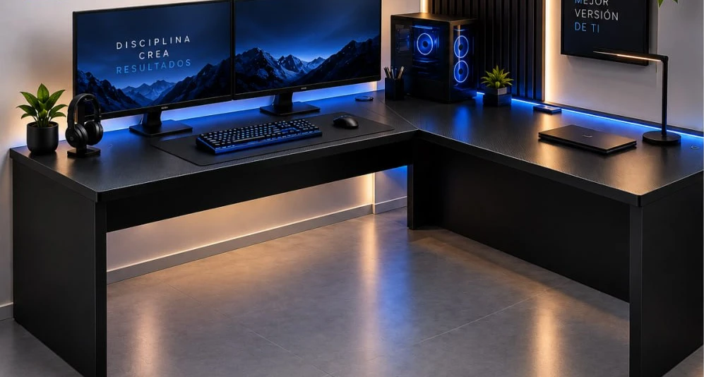 Escritorio en L negro con dos monitores, teclado y laptop en un cuarto con luz azul