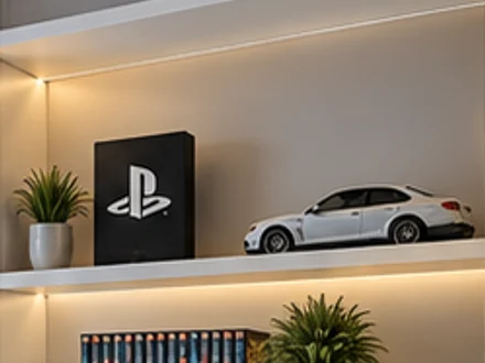 Repisa con luz LED, libros y un auto de colección